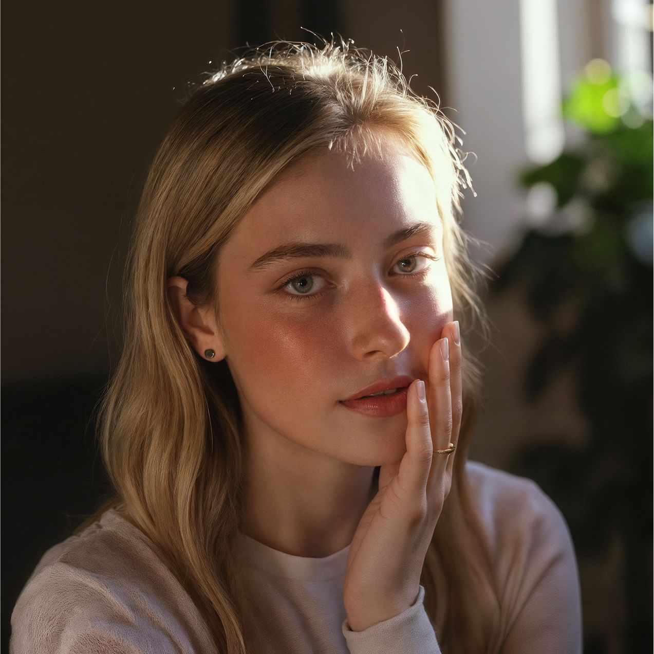 Extreme close-up shot, dreamy portrait style with natural light of a blonde girl looking at the camera, plants in the background, bright lights.