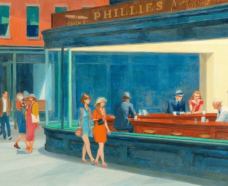 Change the setting to a day time, add a lot of people walking the sidewalk while maintaining the same style of the painting